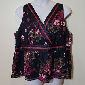 Asian Inspired‎ Floral Y2K Babydoll Wrap Top Size 28 Surplice Bodice Black 2000s